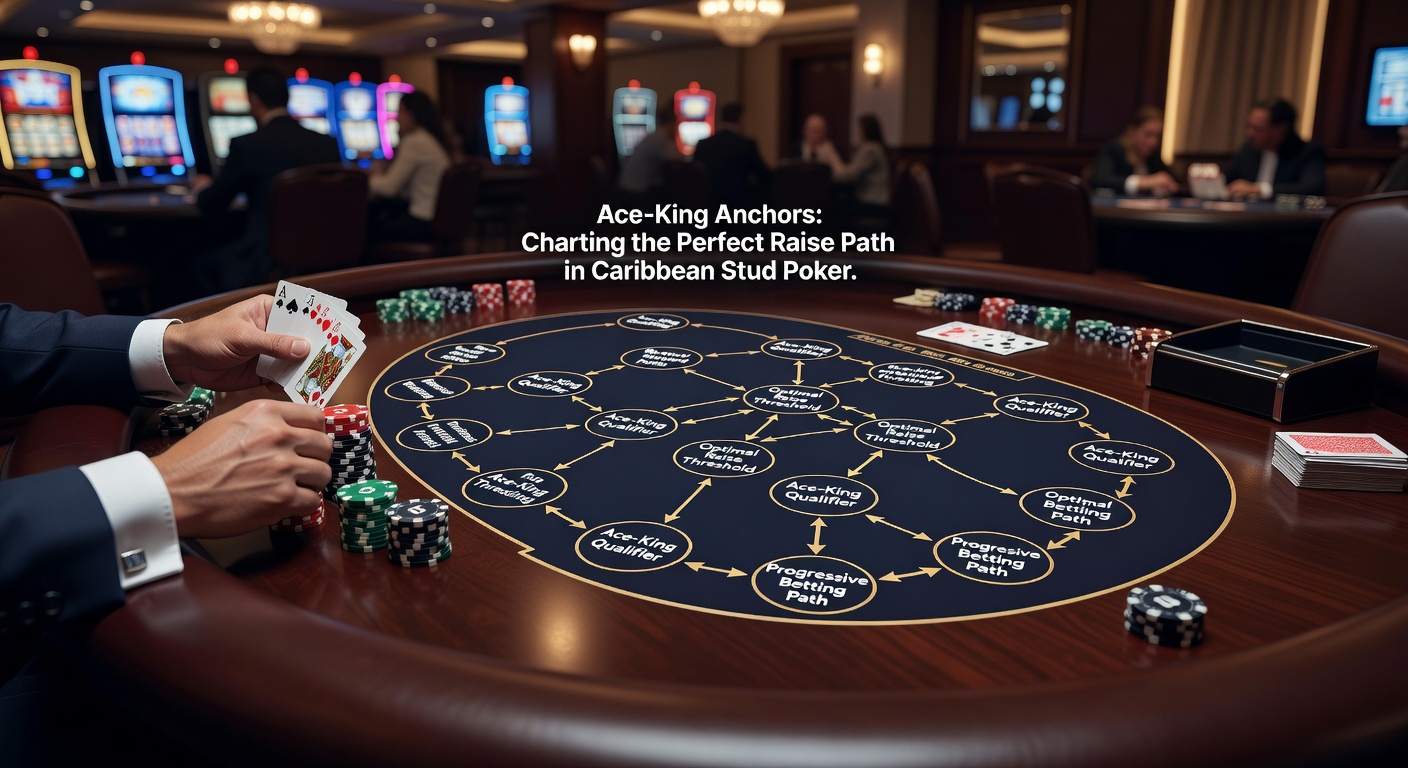 Close-up of a Caribbean Stud Poker table showing an ace-king hand against the dealer's upcard, highlighting key raise decision moments