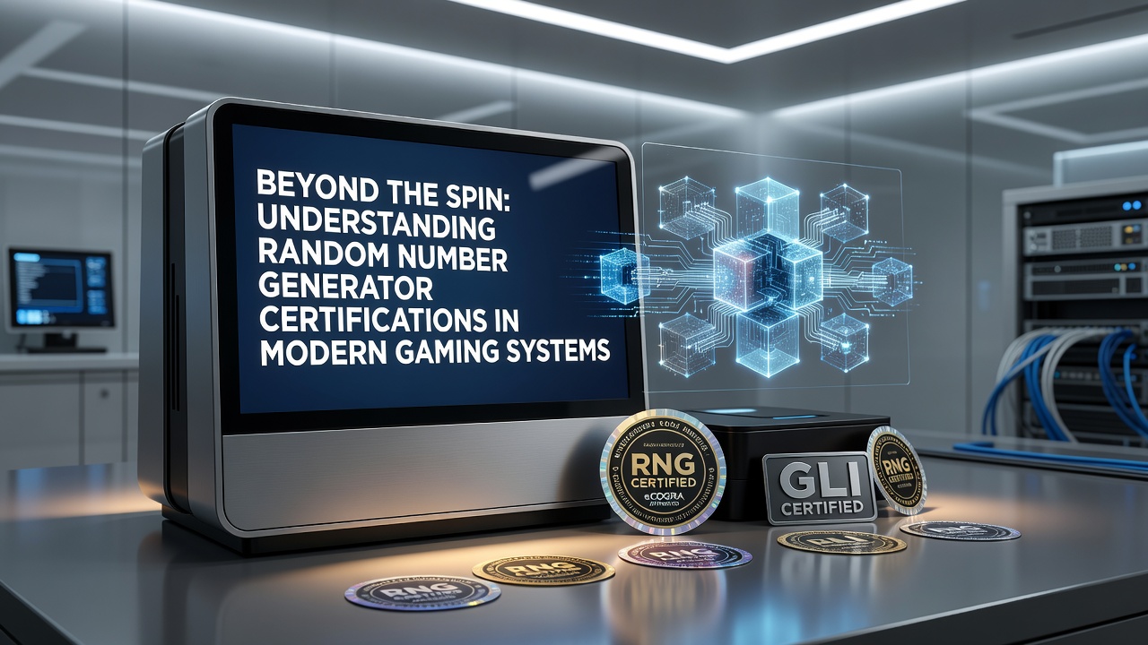 Technical diagram showing RNG testing equipment and certification seals on gaming servers