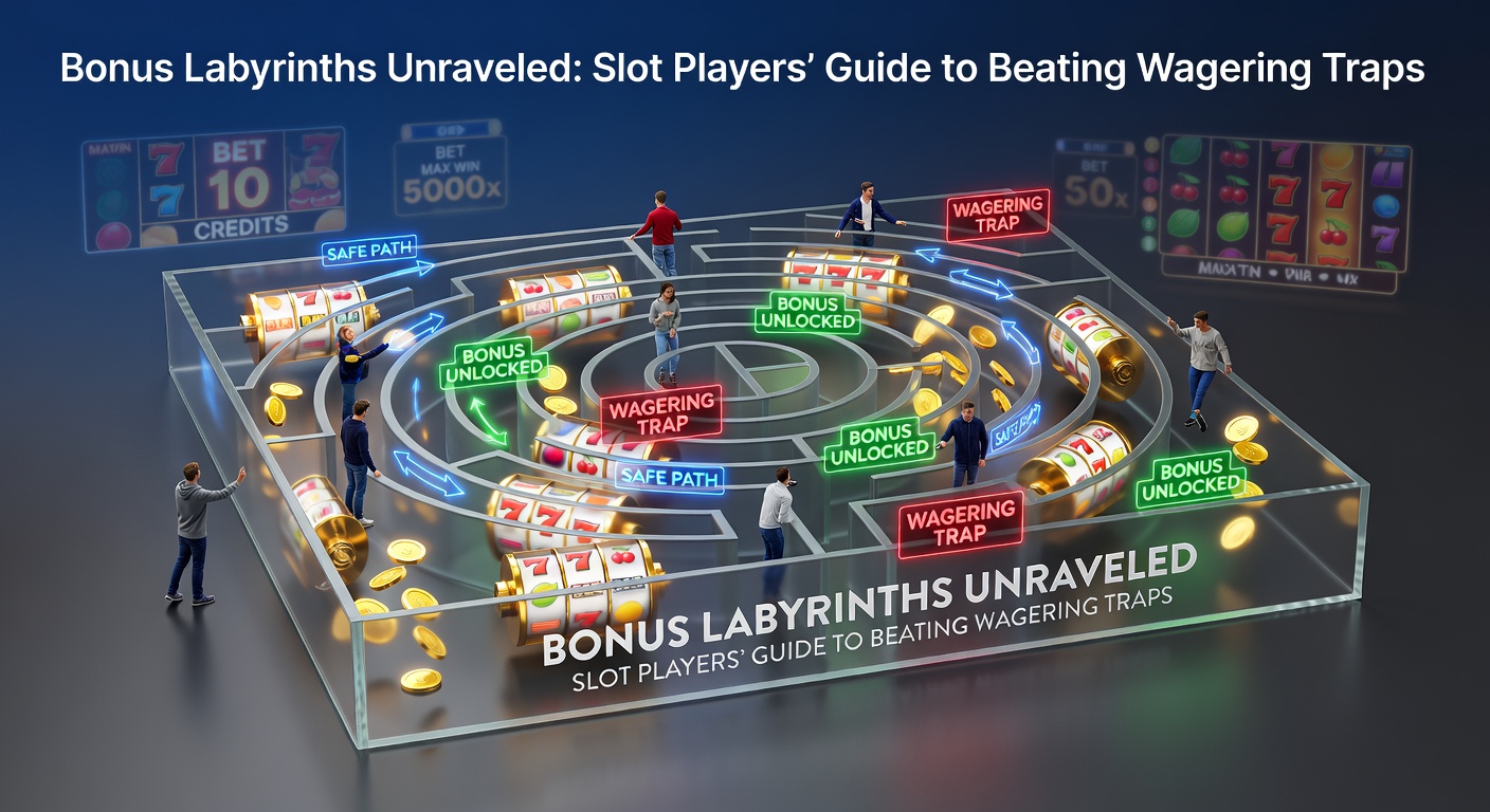 Slot machine reels spinning with bonus symbols highlighting wagering requirement traps
