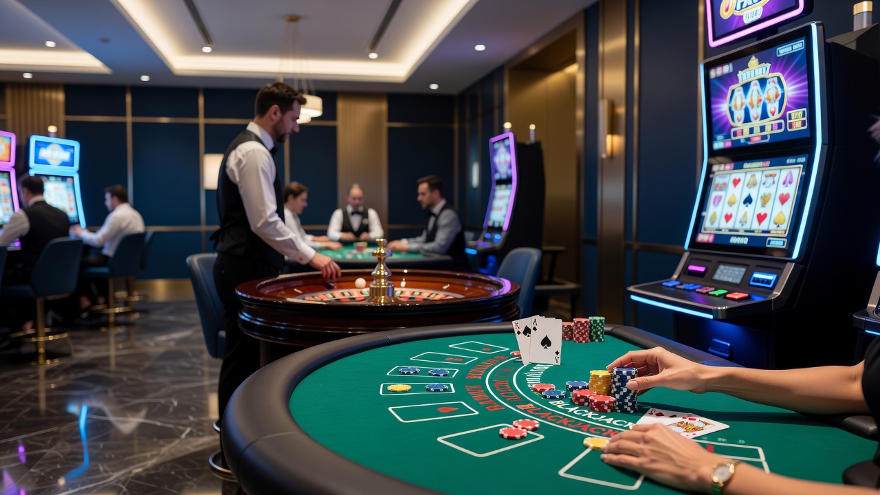 Overview of diverse casino gaming tables and slot machines in a modern venue
