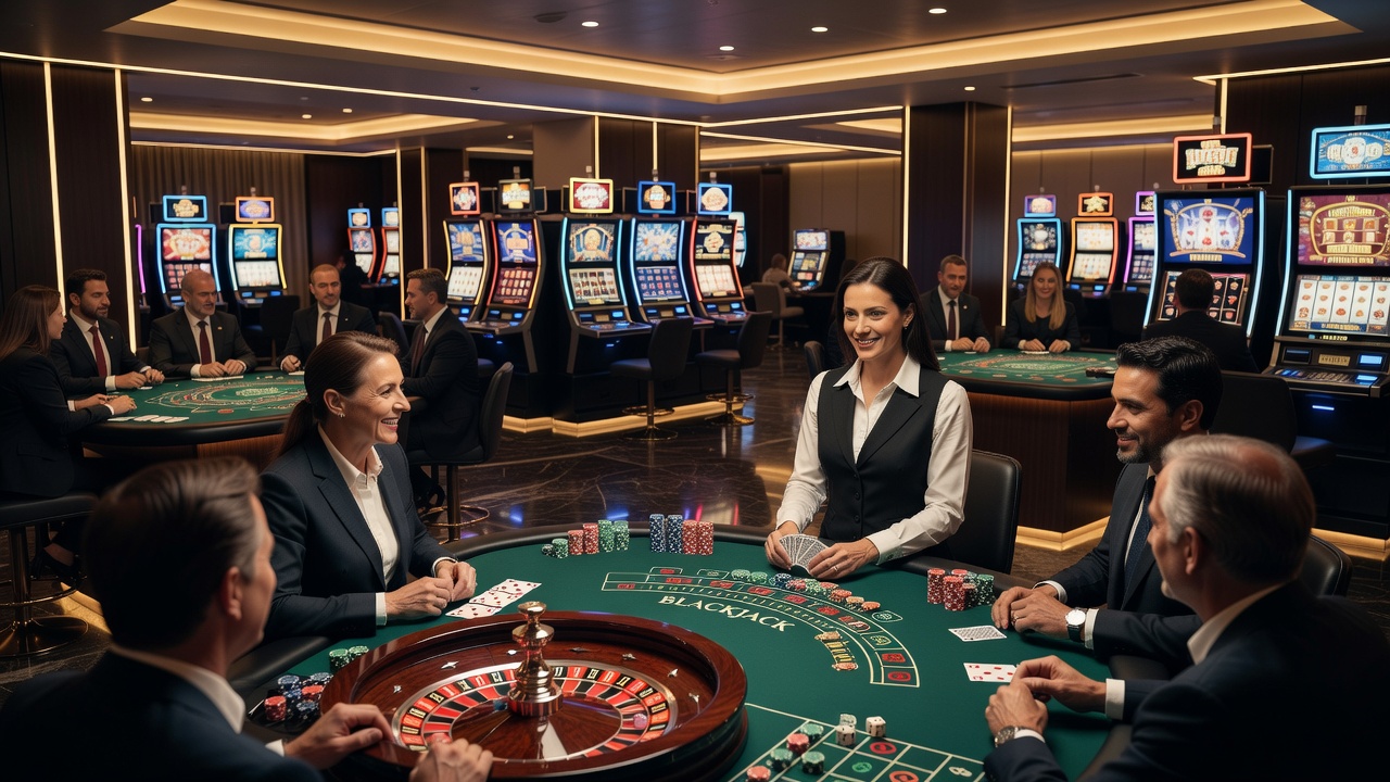 Close-up view of roulette wheel and dice on a craps table during active play