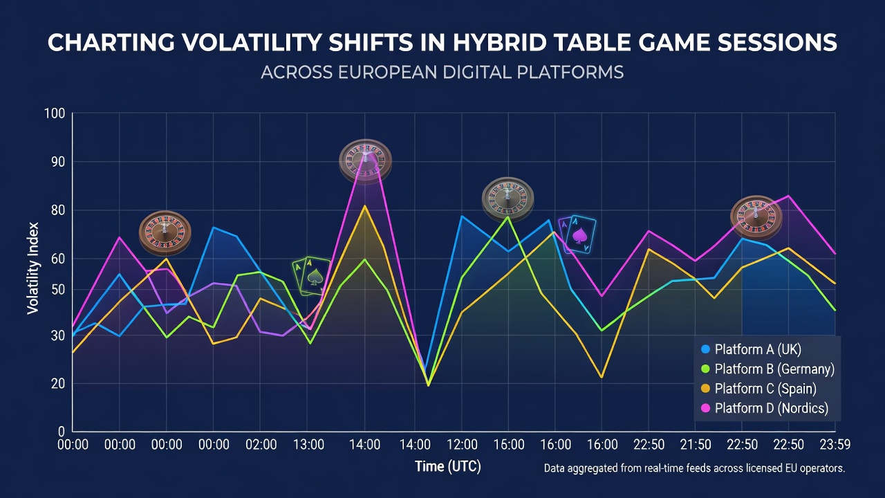 Detailed visualization of session length versus volatility index for hybrid games across several European markets