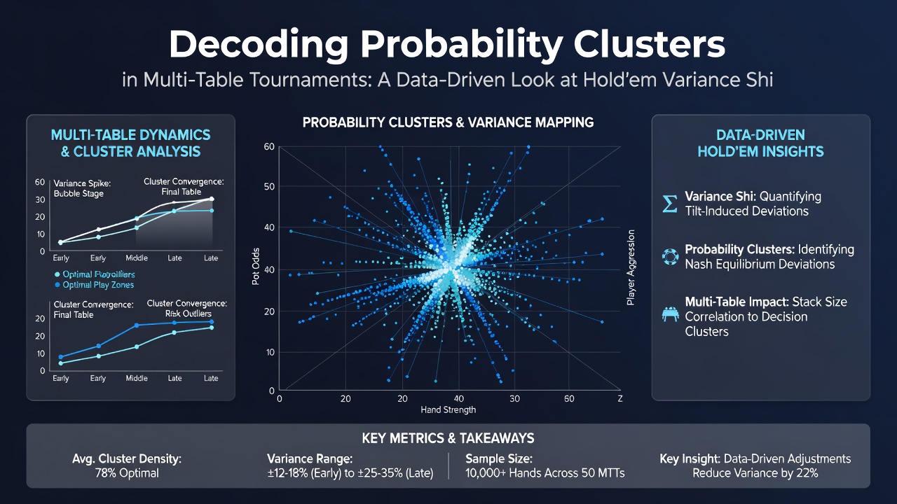 Charts illustrating variance shifts and equity distributions in multi-table Hold'em events at various stages