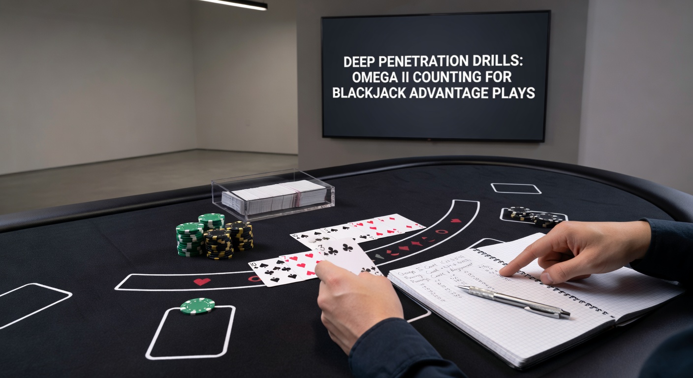 Blackjack table with cards spread out during a deep penetration deal, illustrating card counting drills