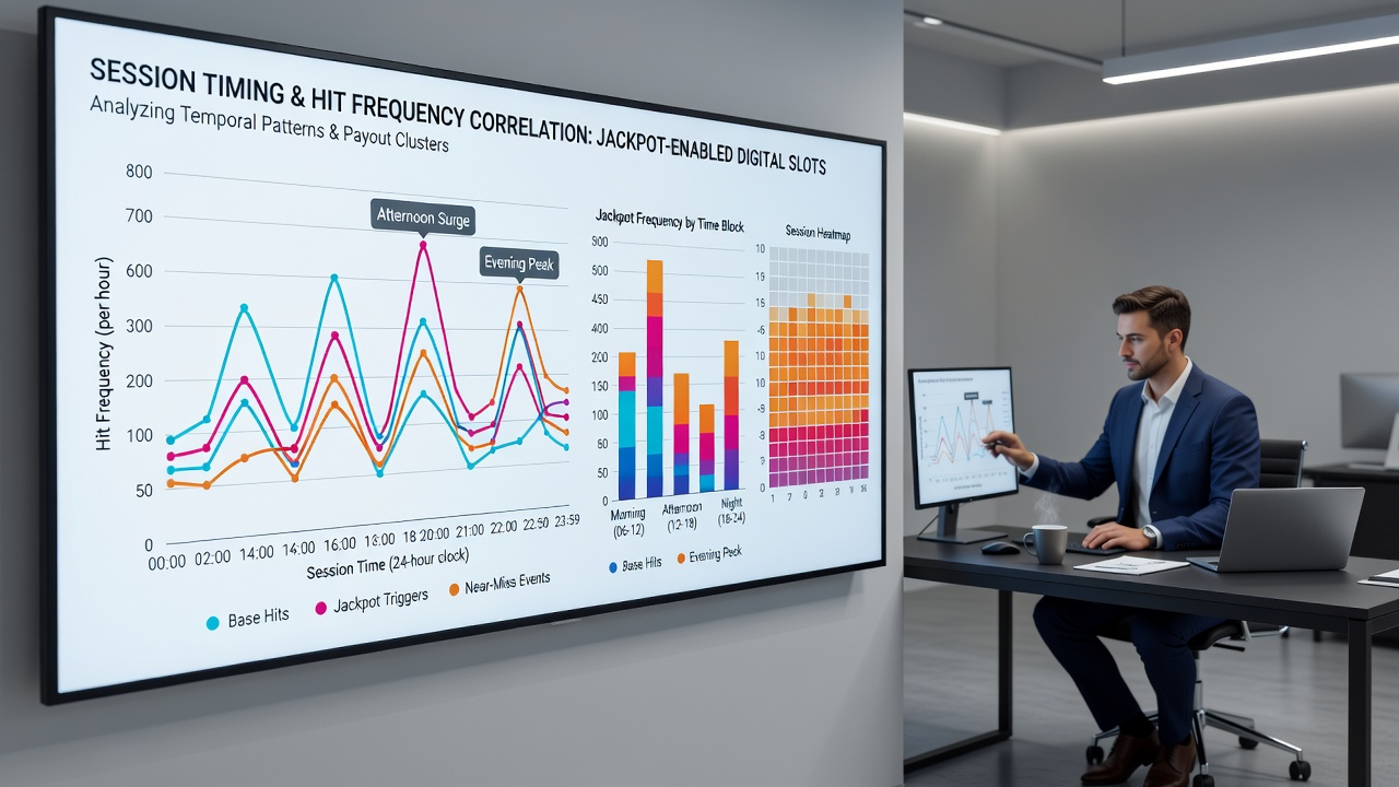 Networked slot floor visualization with overlaid timing graphs and frequency heatmaps from international jackpot systems