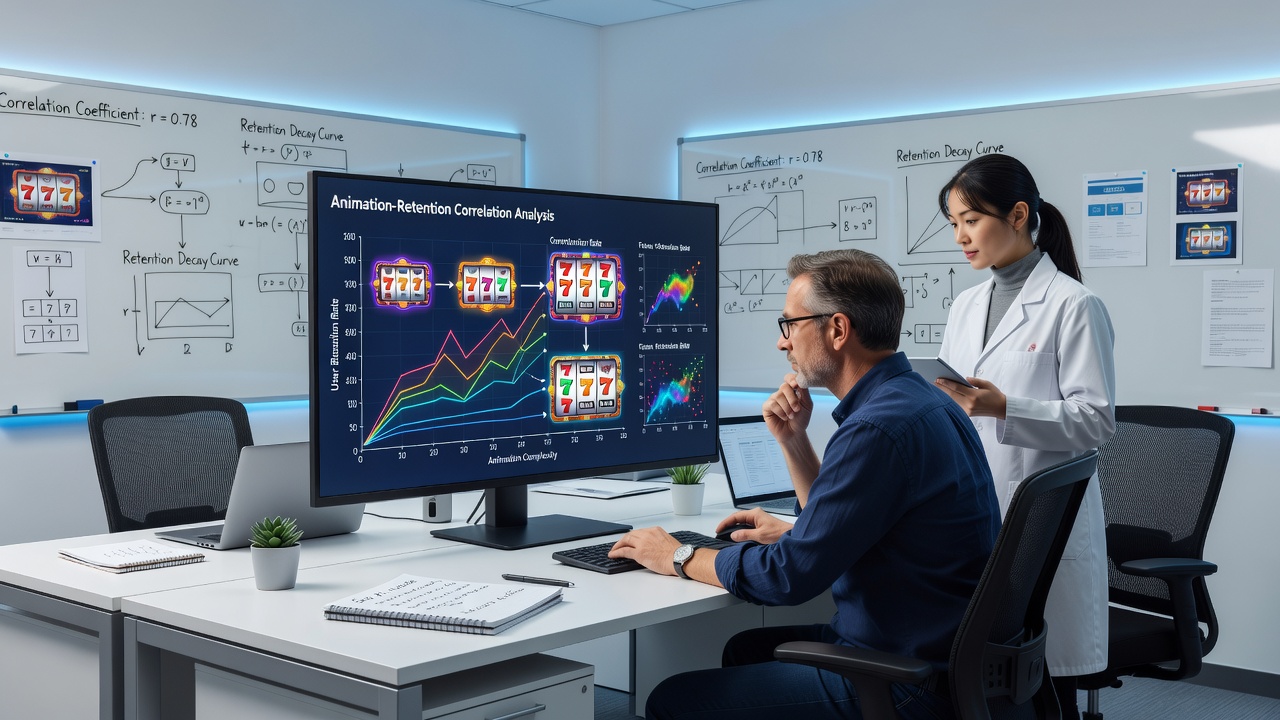 Data visualization charts displaying retention curves alongside animation sequence timelines in slot game analytics