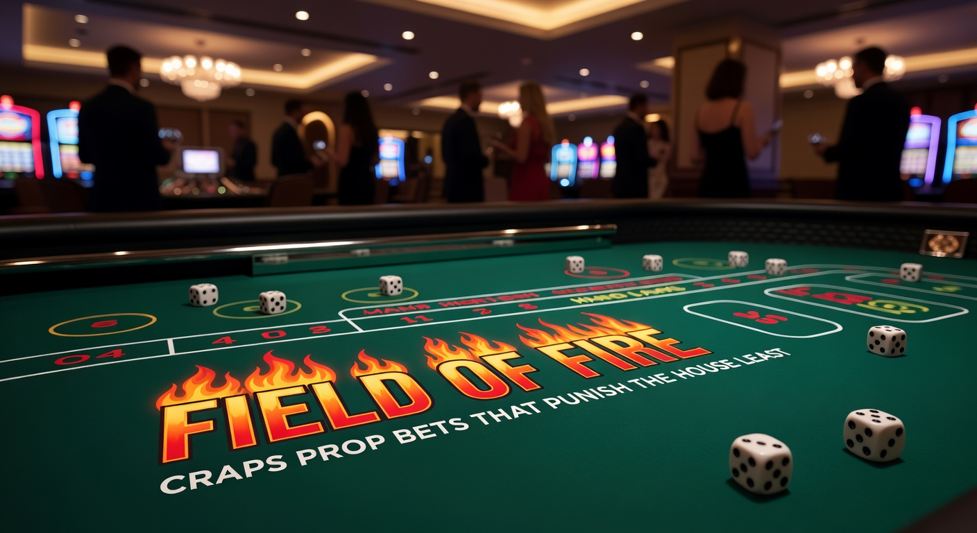 Dynamic craps shooter mid-roll with prop bet chips stacked near the field and fire sections