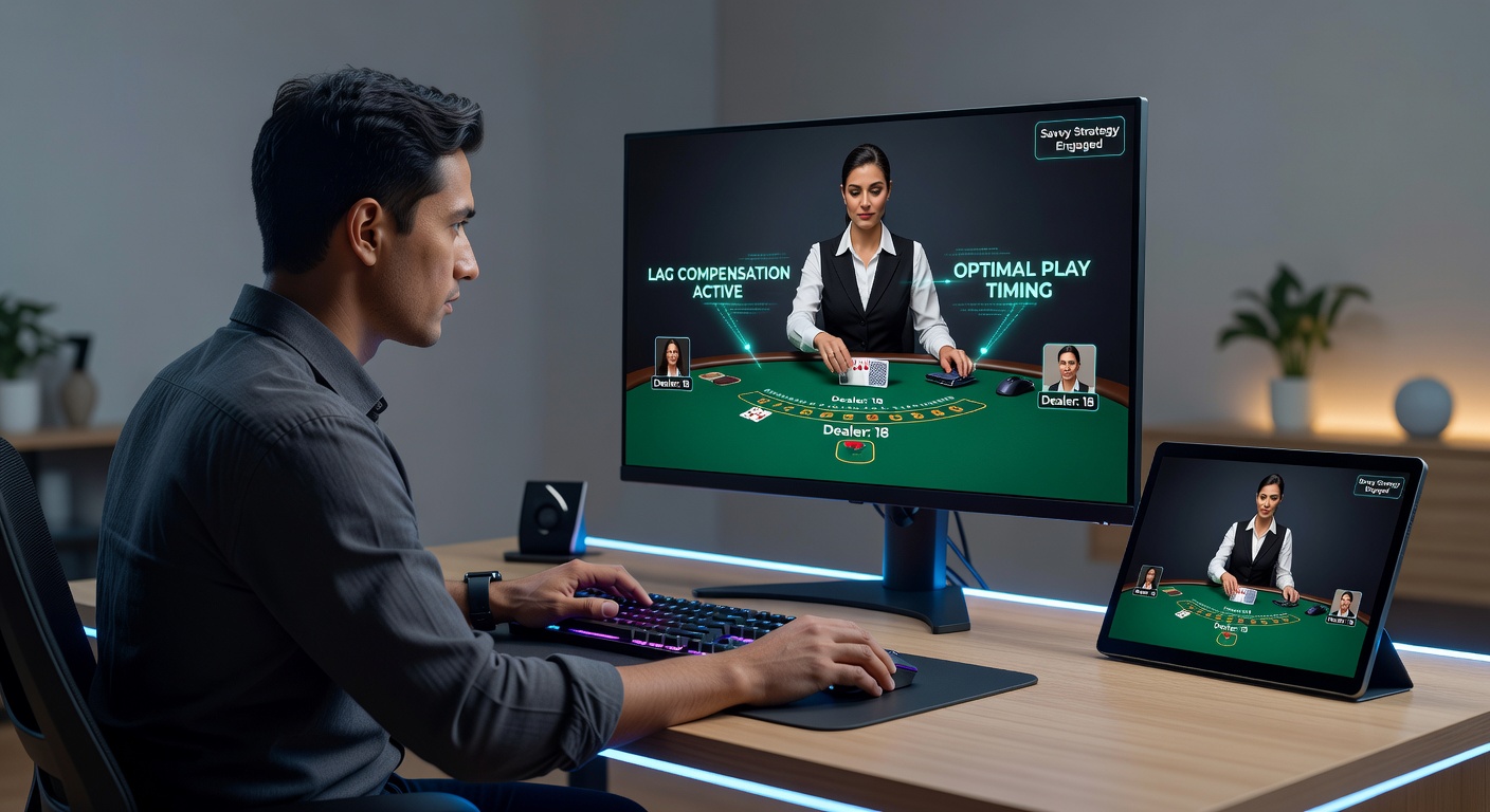 A live dealer blackjack table on screen, showing cards mid-deal with subtle lag effects visible in the stream