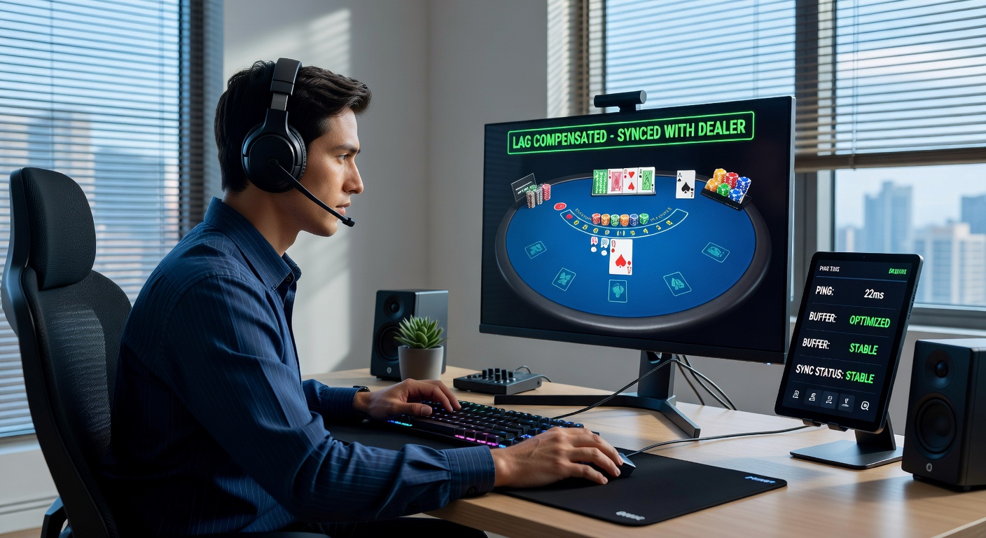 Close-up of a player's screen displaying blackjack strategies overlaid on a live dealer game, highlighting lag-minimizing tools and settings