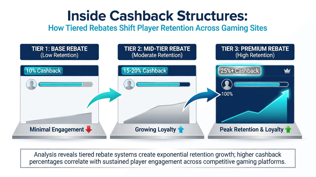 Player retention metrics and tier progression charts for gaming site cashback programs