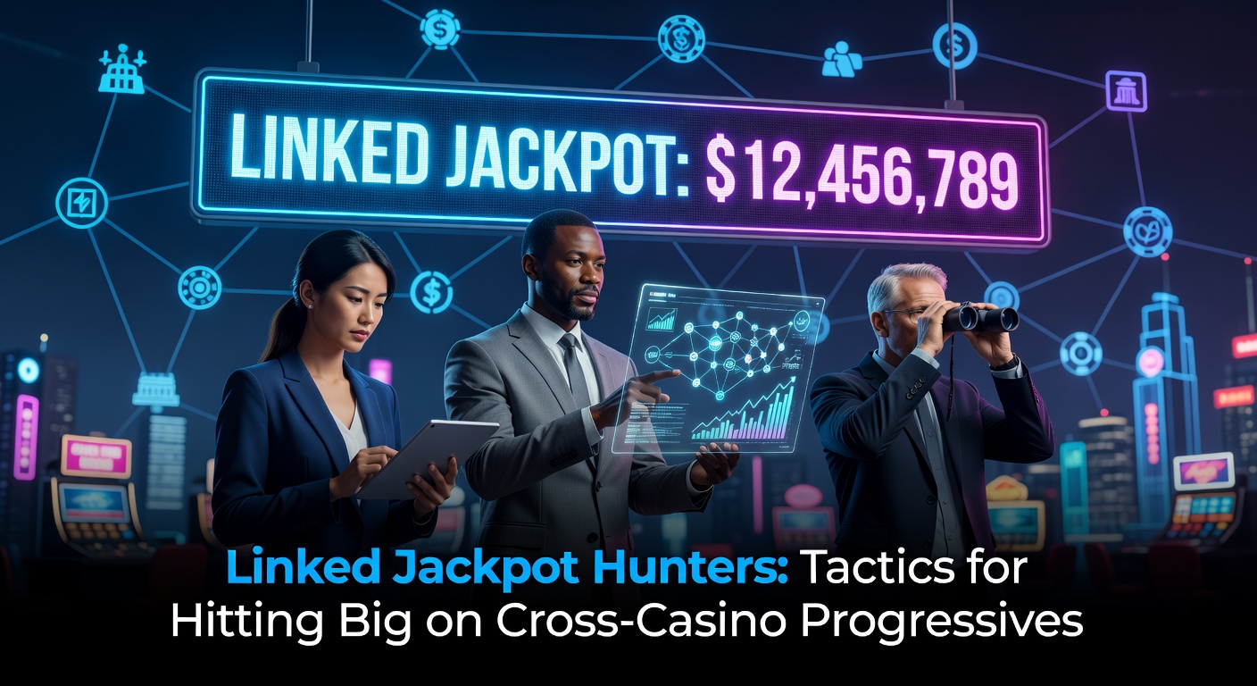 Vibrant casino floor with glowing progressive jackpot slot machines linked across multiple screens, showing escalating prize meters