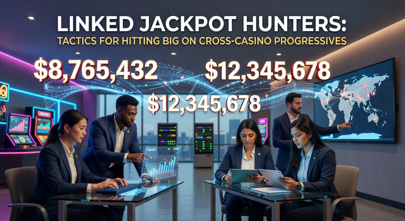 Close-up of a progressive slot screen displaying a massive linked jackpot nearing payout, with casino chips and excited players in the background