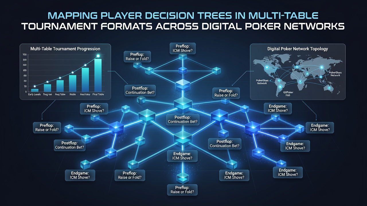 Diagram showing interconnected decision nodes in a multi-table poker tournament setting
