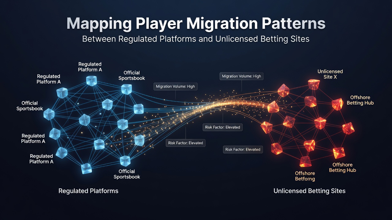 Visualization of player migration patterns between regulated and unlicensed betting platforms showing flow arrows and data points