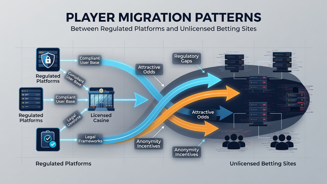 Infographic showing global player migration statistics and regional flow patterns in betting markets