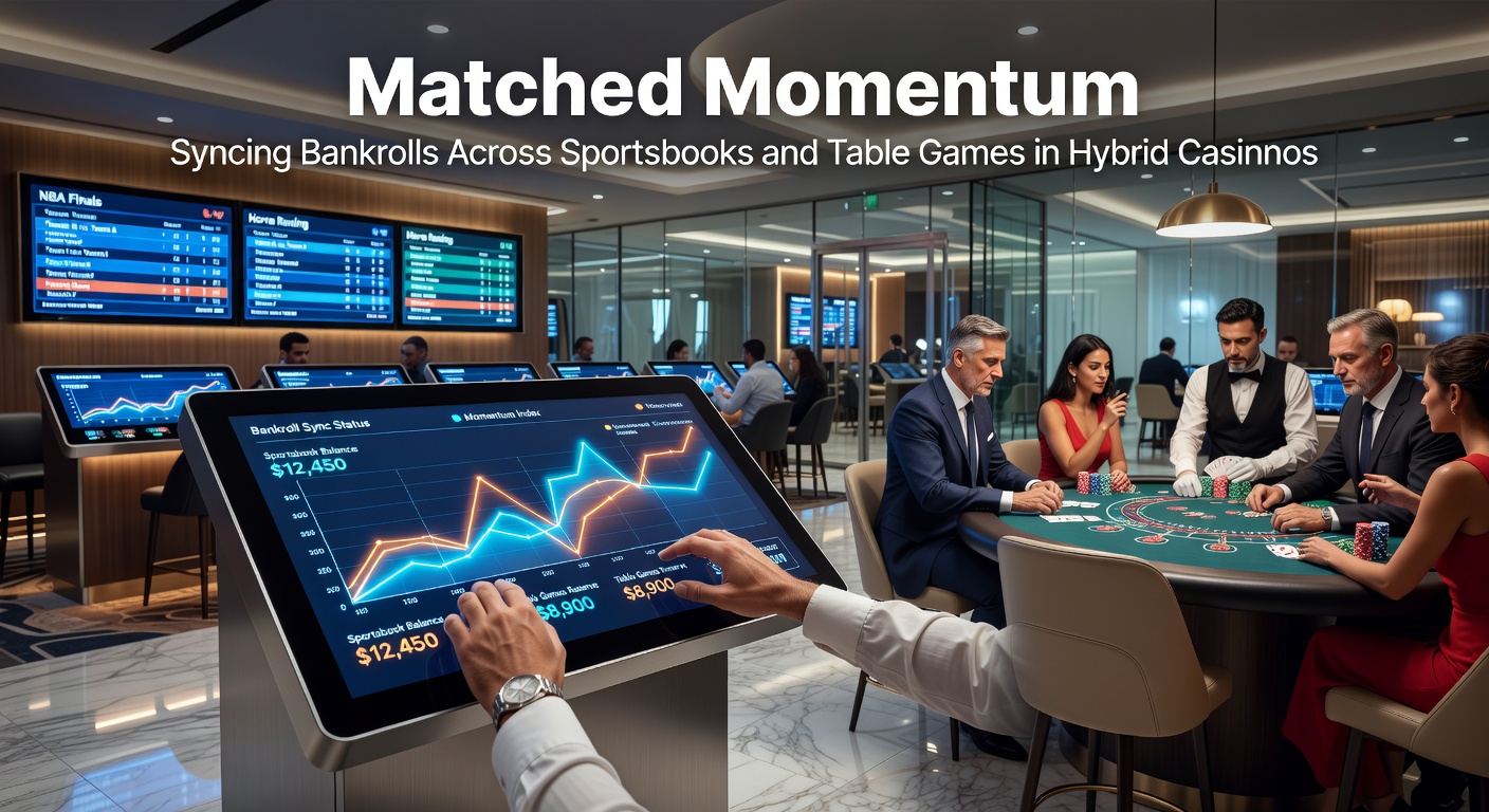 Players at a hybrid casino balancing sports betting slips and table game chips, illustrating synced bankroll management