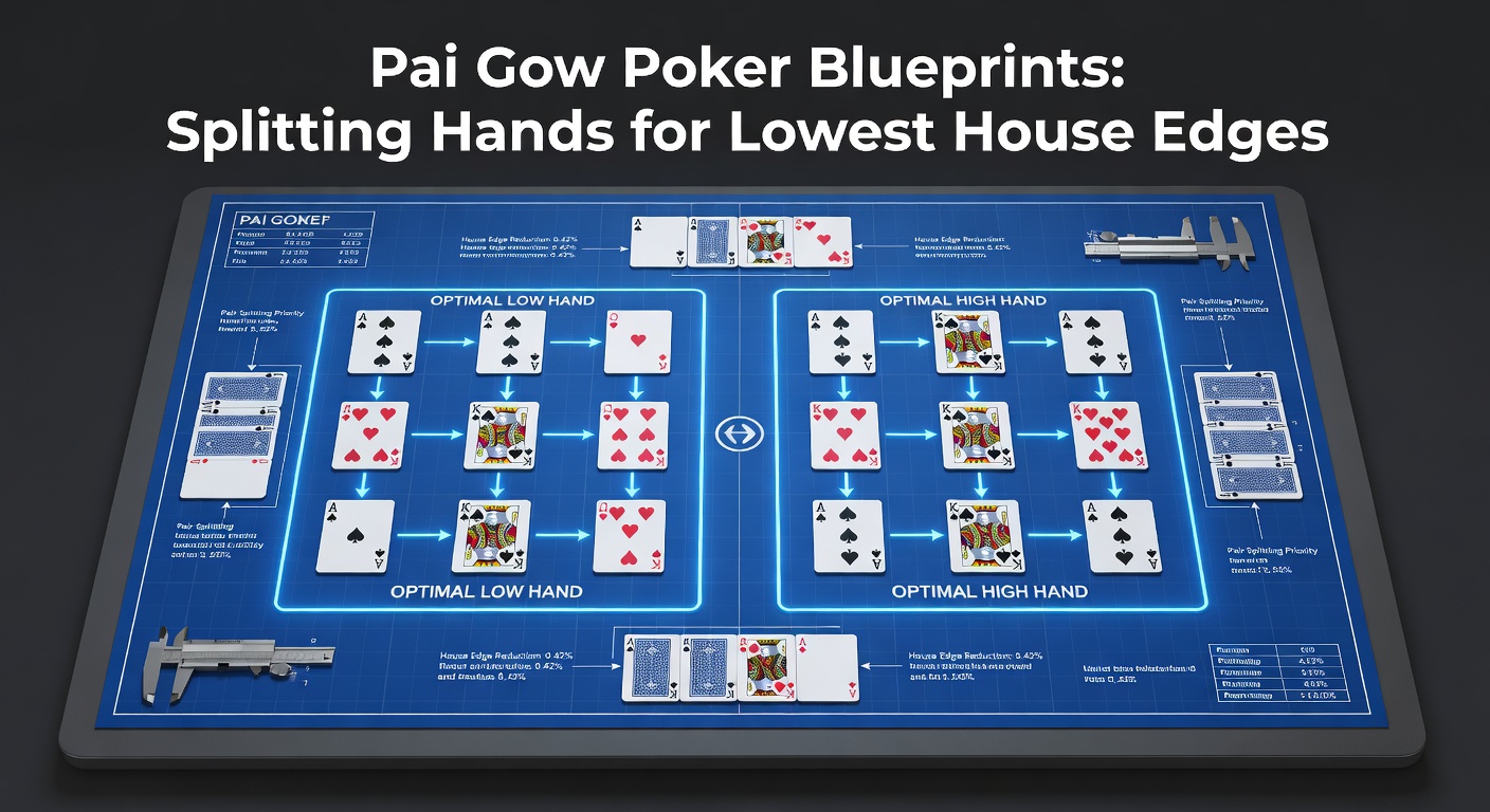 A close-up of a Pai Gow Poker table with seven cards dealt face-up, showing a split hand of a strong five-card poker hand and a paired two-card low hand