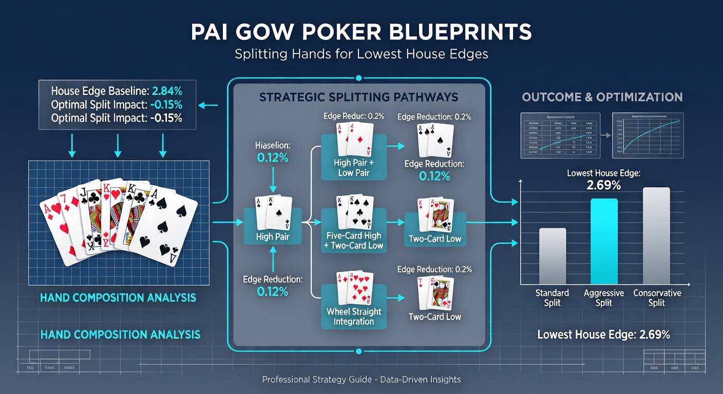 Digital chart displaying Pai Gow Poker splitting strategy matrix, with columns for hand types like pairs, straights, and full houses, color-coded for optimal high and low configurations