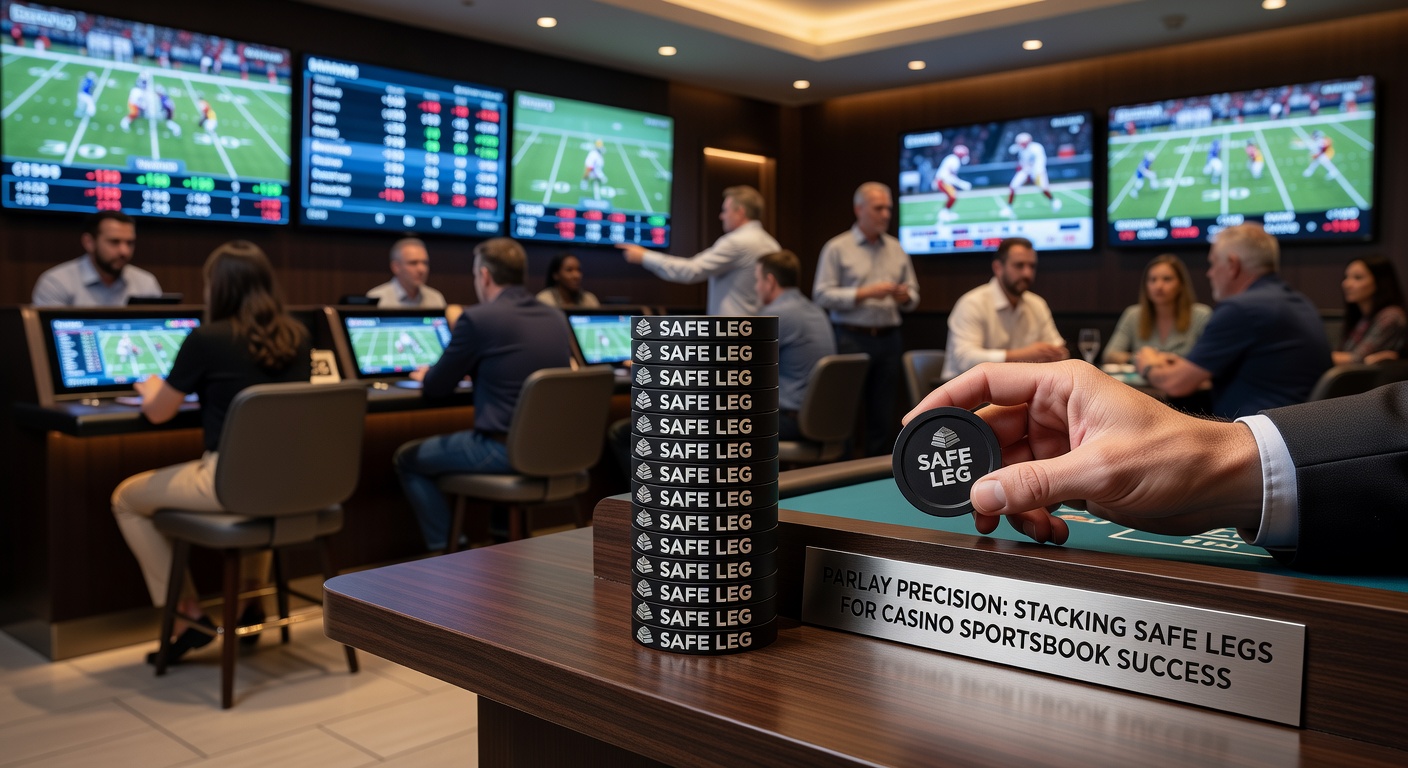 Sportsbook parlay ticket showing multiple stacked bets on a casino floor display, highlighting low-risk legs like heavy favorites and conservative totals