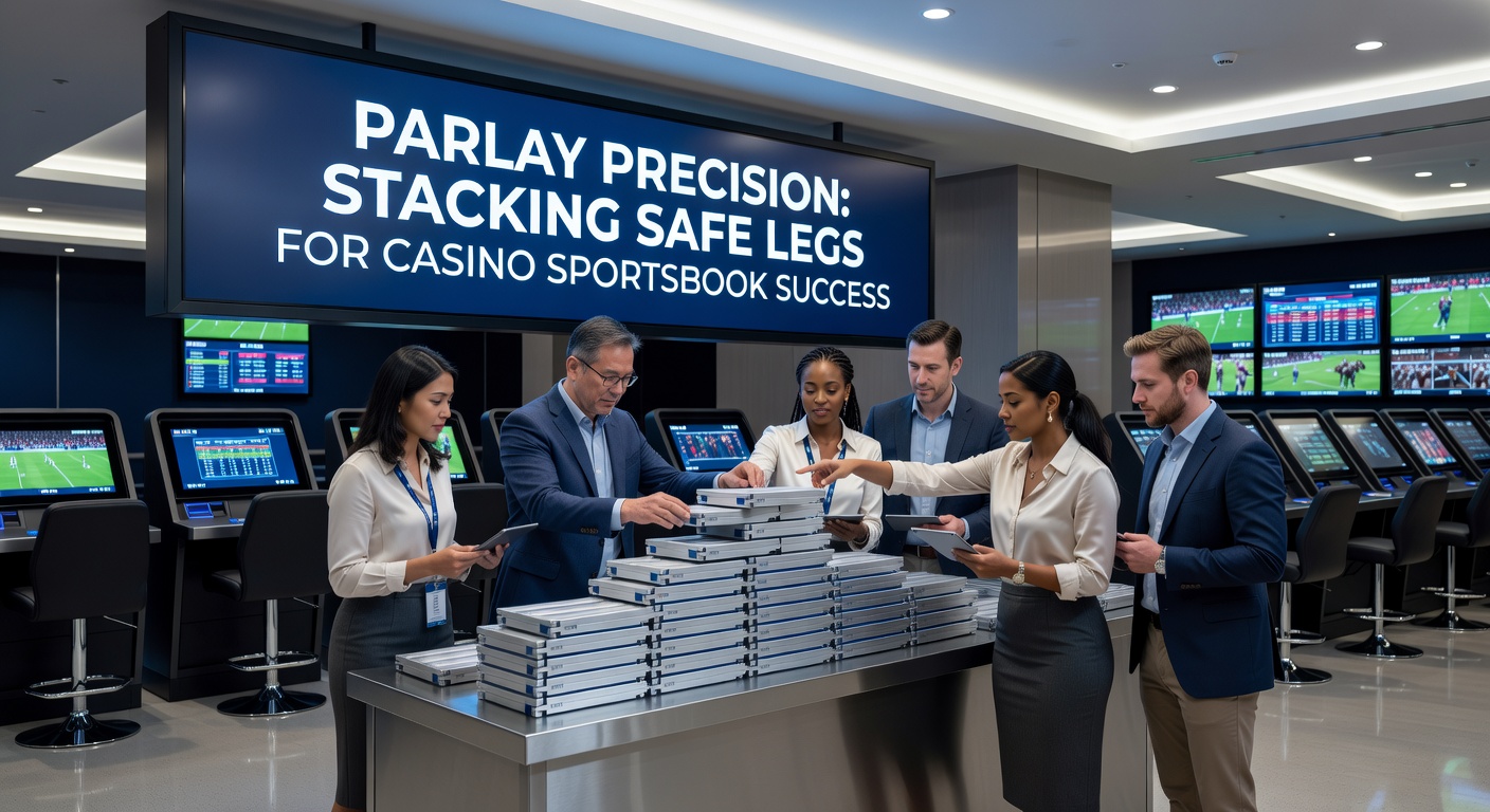 Close-up of a bettor analyzing stats on a tablet next to a casino sportsbook screen, focusing on charts of moneylines, spreads, and totals for safe parlay construction