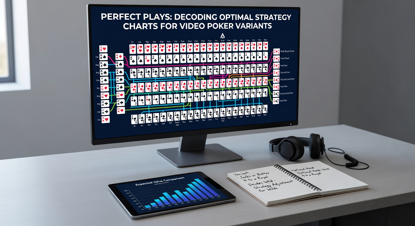 Close-up of a video poker strategy chart displaying hold decisions for Jacks or Better, highlighting optimal plays in vibrant casino lighting