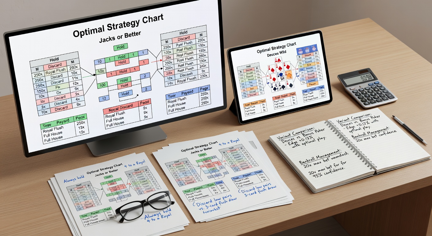Player at a video poker machine consulting a printed strategy chart, screen showing a dealt hand mid-decision in a bustling casino environment