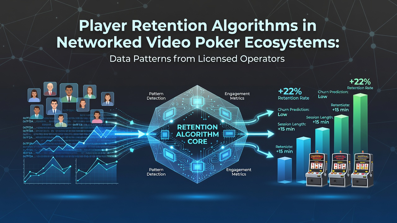 Networked video poker terminals displaying retention algorithm dashboards at a licensed facility