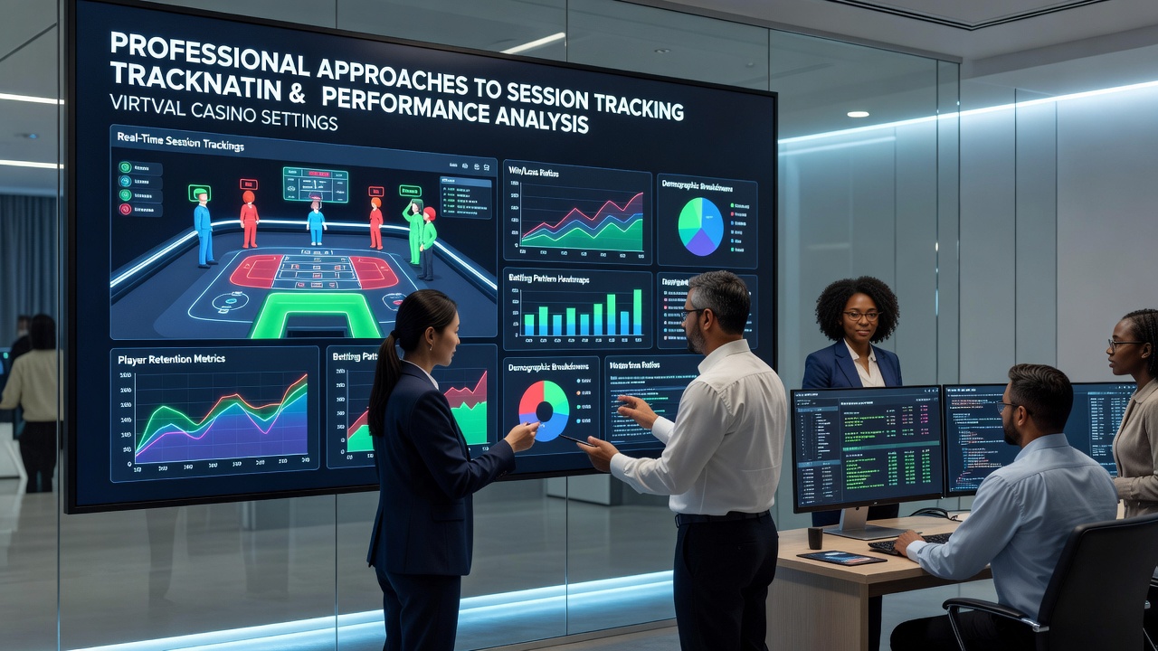 Analyst reviewing performance graphs and session history on multiple screens in a virtual casino analysis setup