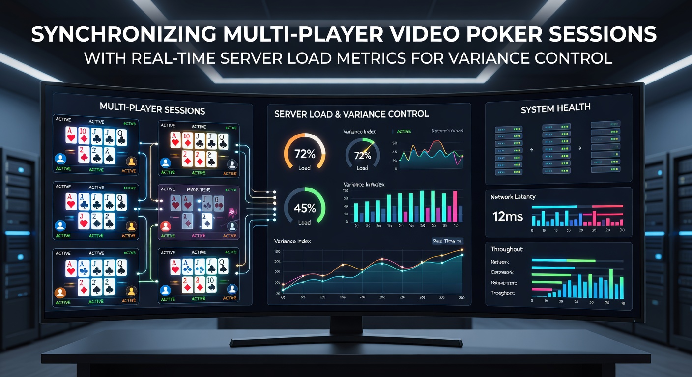 Multi-player video poker terminals connected to centralized servers displaying load metrics and session synchronization data